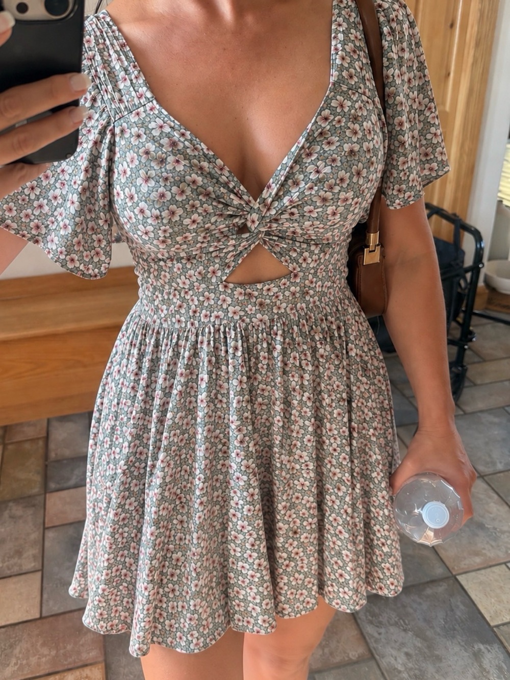 Angie Sage Green Floral Twist-Front Mini Dress
